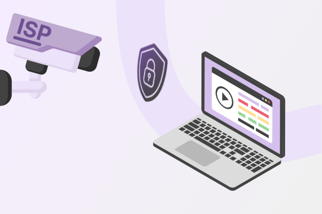 Illustration of an ISP camera blocked by an encrypted tunnel protecting a laptop, symbolizing VPN privacy.