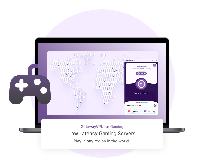 GatewayVPN app on laptop with world map and game controller icon, highlighting low latency gaming servers for global play.