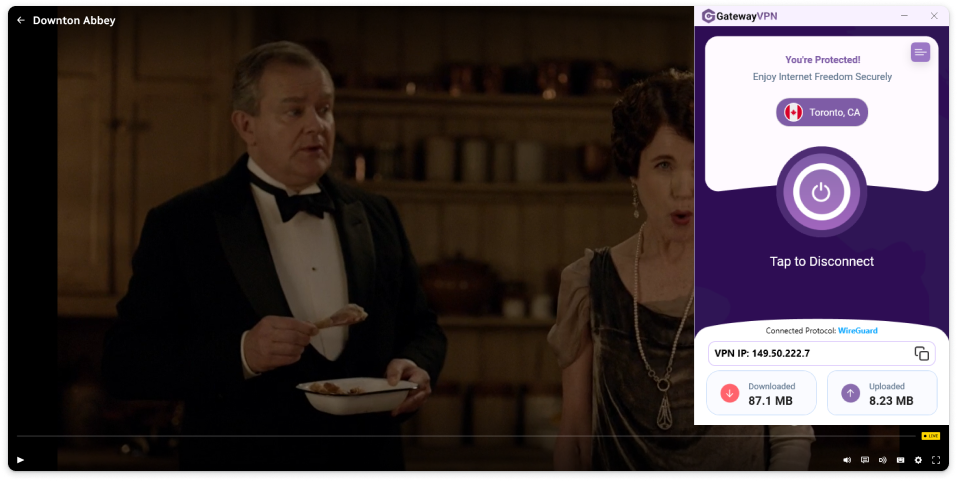 Screenshot of CBC live streaming Downton Abbey with GatewayVPN connected to a Toronto server for secure viewing.