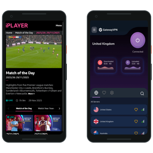 An Android phone screen showing the BBC iPlayer app for "Match of the Day" with an active VPN connection to the United Kingdom.