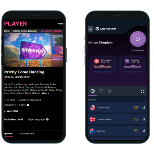 An iPhone screen showing the BBC iPlayer app playing the show "Strictly Come Dancing" with a connected VPN set to the United Kingdom.