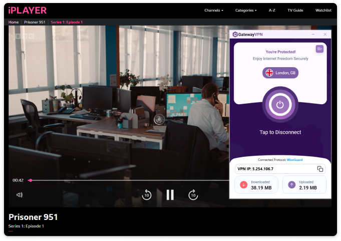 A computer screen shows the BBC iPlayer website playing an episode of "Prisoner 951," while a VPN client interface indicates a secure connection to a server in London.