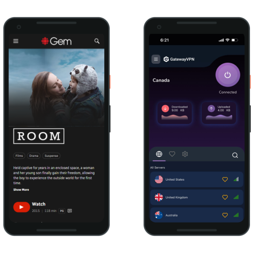 Two Android phone screens showing CBC Gem streaming the film ‘Room’ on the left and the GatewayVPN app connected to a Canadian server on the right.