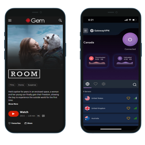 Two smartphone screens showing CBC Gem streaming the film ‘Room’ on the left and the GatewayVPN app connected to a Canadian server on the right.
