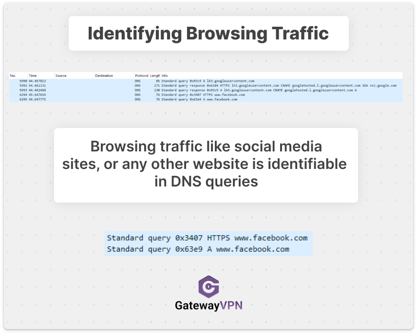 Graphic showing Wireshark DNS traffic with queries for “facebook” explaining that browsing activity like social media can be identified via DNS queries, with the GatewayVPN logo.
