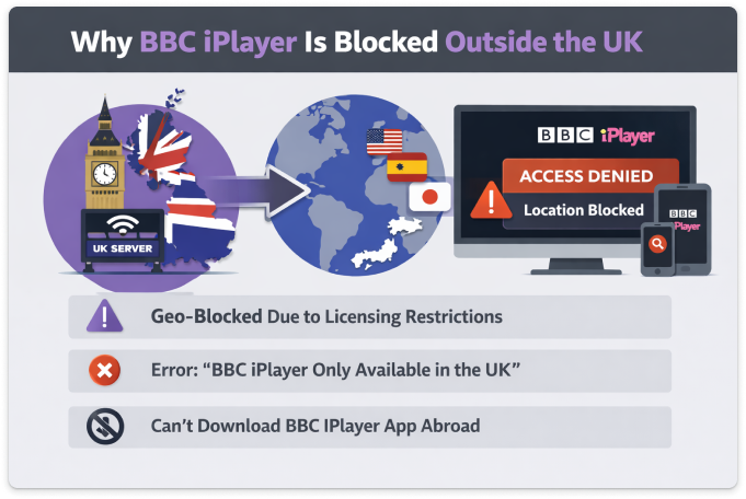 Why BBC iPlayer is blocked outside the UK due to geo-restrictions, showing UK-only access, location errors, and blocked streaming abroad