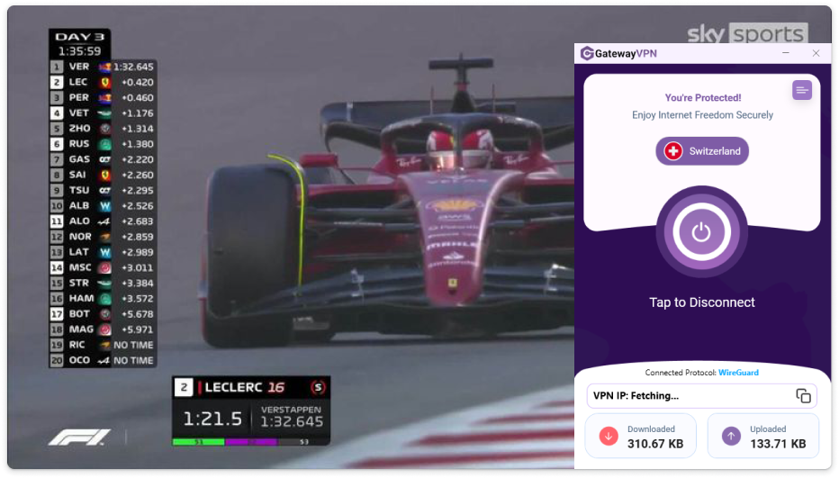 PC or Mac screen showing GatewayVPN connected to a Switzerland server beside a Formula 1 race stream.