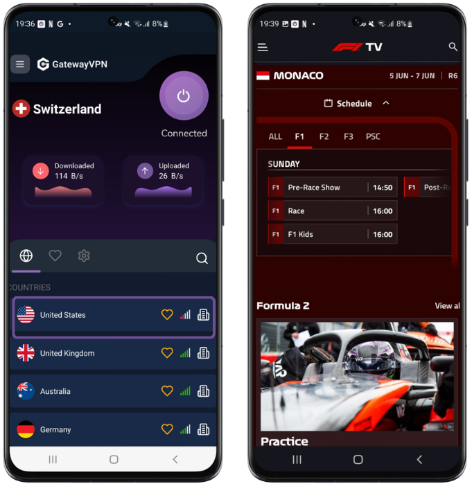 Android phone showing GatewayVPN connected to a Switzerland server next to the F1 TV app schedule screen.