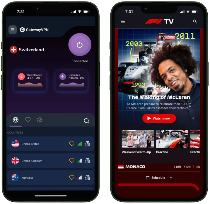 iPhone showing GatewayVPN connected to a Switzerland server next to the F1 TV app home screen.