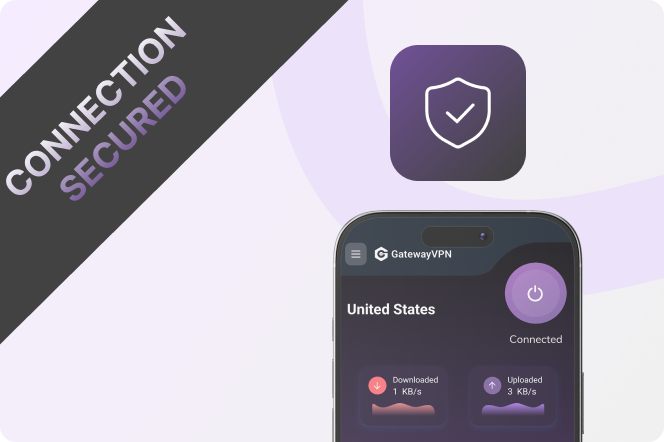GatewayVPN mobile app showing a connected VPN session to the United States, with “Connection Secured” banner and shield icon.