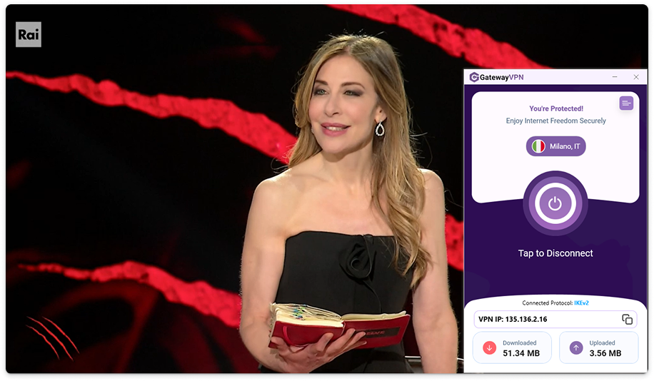 Woman presenting on Rai TV with GatewayVPN app connected to Milan, Italy to watch RaiPlay outside Italy