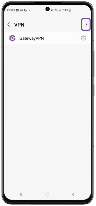 Android VPN settings screen showing the menu icon highlighted for adding a new VPN profile.