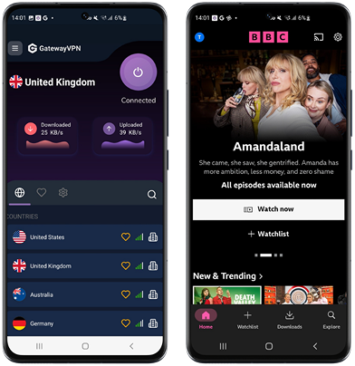 GatewayVPN connected to a UK server on an Android phone next to the BBC iPlayer app streaming in Spain