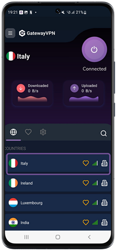 GatewayVPN Android app showing an active VPN connection to Italy with the Italy server highlighted.