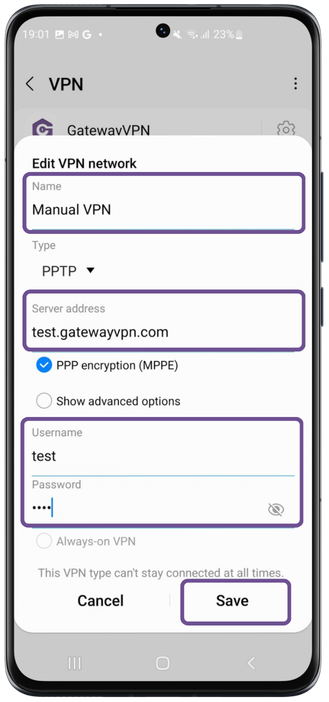 Android Edit VPN network screen showing fields for VPN name, server address, username, password, and the Save button.