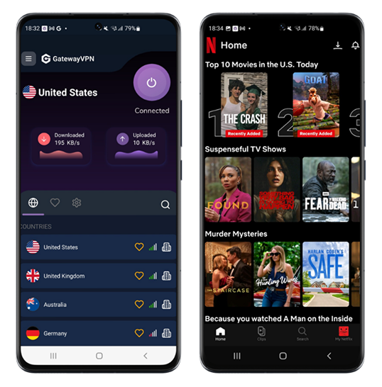 Android phones showing GatewayVPN connected to a United States server and the Netflix app home screen.
