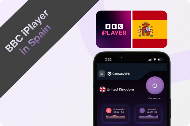 Smartphone showing GatewayVPN connected to a UK server with BBC iPlayer and Spanish flag graphics