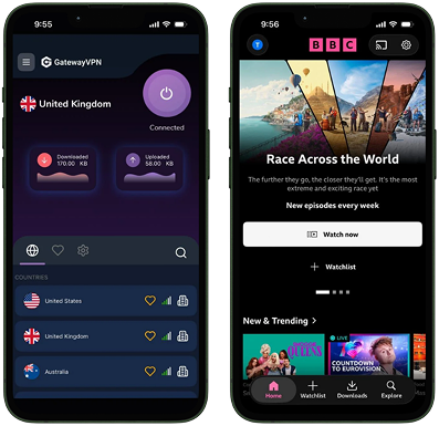 GatewayVPN connected to a UK server on iPhone next to the BBC iPlayer app showing Race Across the World