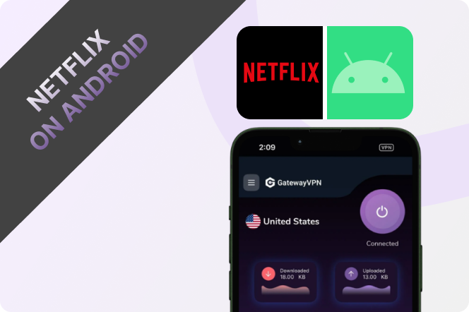 GatewayVPN Android app connected to a United States VPN server beside Netflix and Android icons.