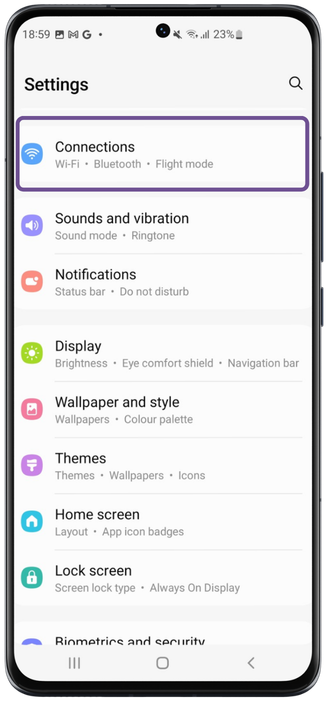 Android Settings screen showing the Connections option highlighted as the first step for opening VPN settings.