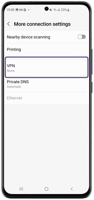 Android More connection settings screen with the VPN option highlighted.