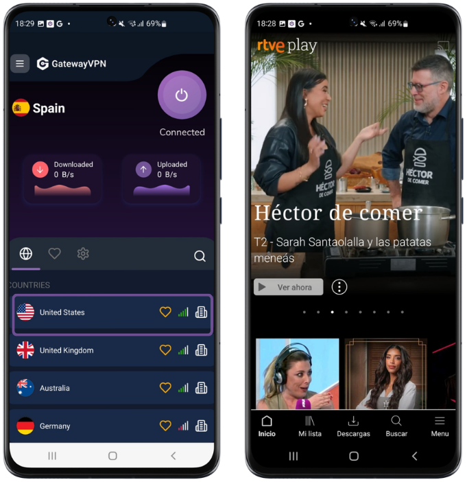GatewayVPN connected to a Spain server on Android next to the RTVE Play app streaming Spanish content.