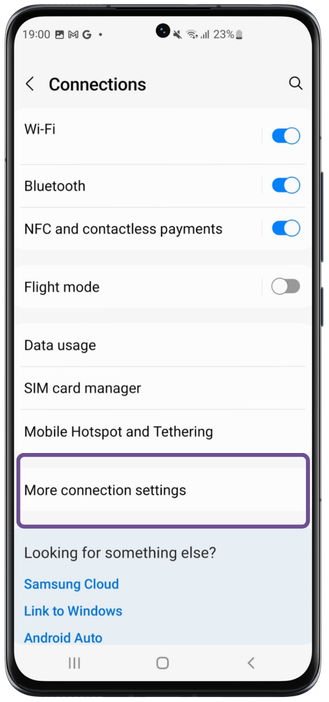 Android Connections screen with More connection settings highlighted for manual VPN setup.