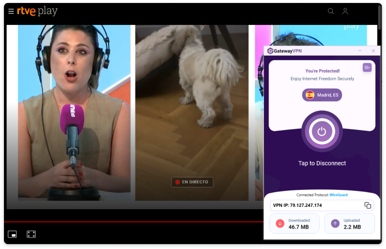 RTVE Play streaming while GatewayVPN is connected to a Spain VPN server in Madrid.