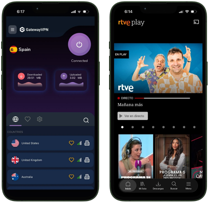 GatewayVPN connected to Spain on an iPhone next to the RTVE Play app streaming live content.
