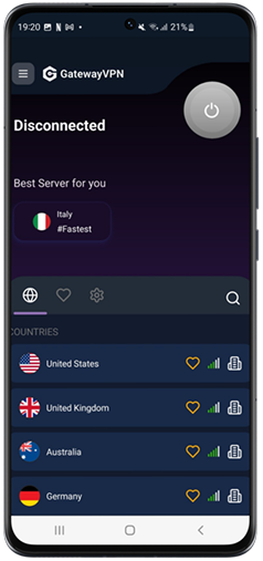 GatewayVPN Android app screen showing available VPN server locations and the best server recommendation.