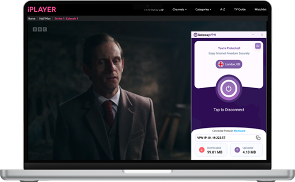 BBC iPlayer playing on a laptop with GatewayVPN connected to a UK server