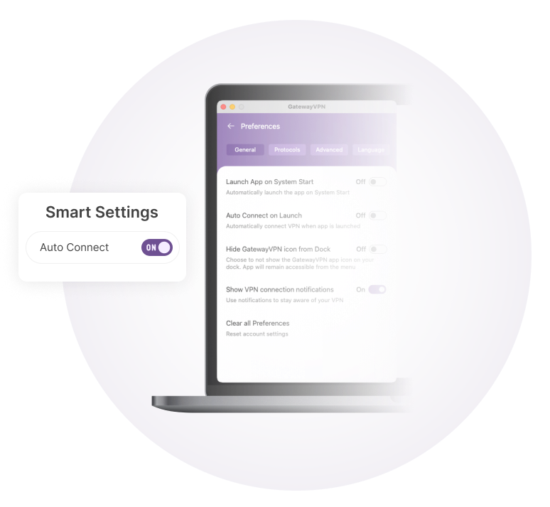 GatewayVPN macOS app showing smart settings with auto connect enabled