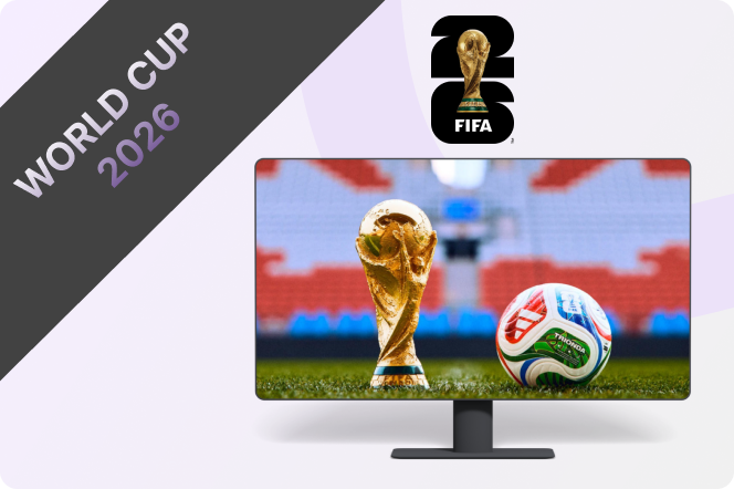 World Cup 2026 graphic showing a trophy and football on a screen with the FIFA 2026 logo.