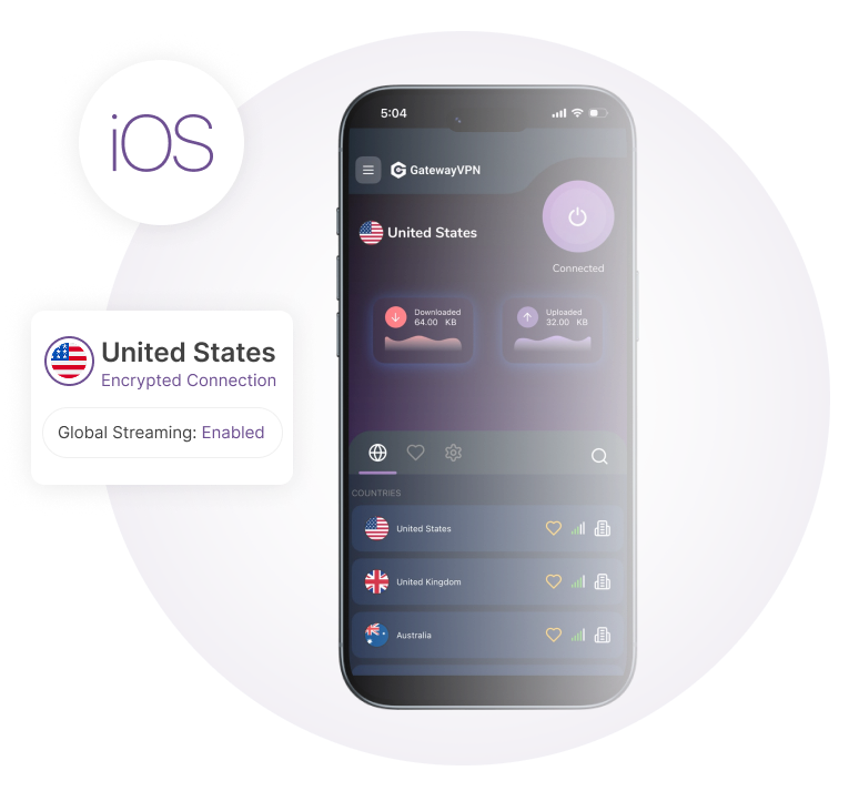 GatewayVPN iOS app connected to a United States VPN server, with connection status and available server locations.