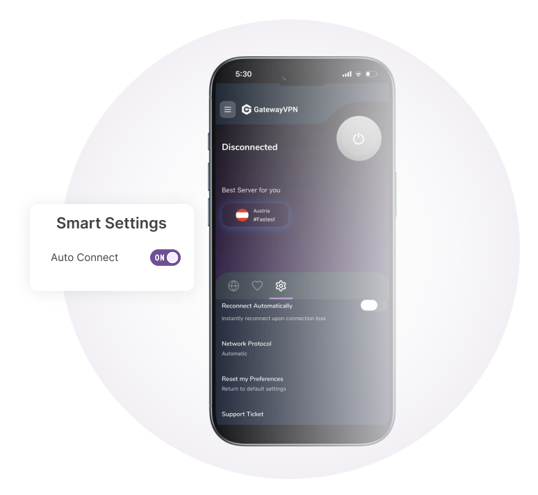 GatewayVPN iOS app showing smart settings tab